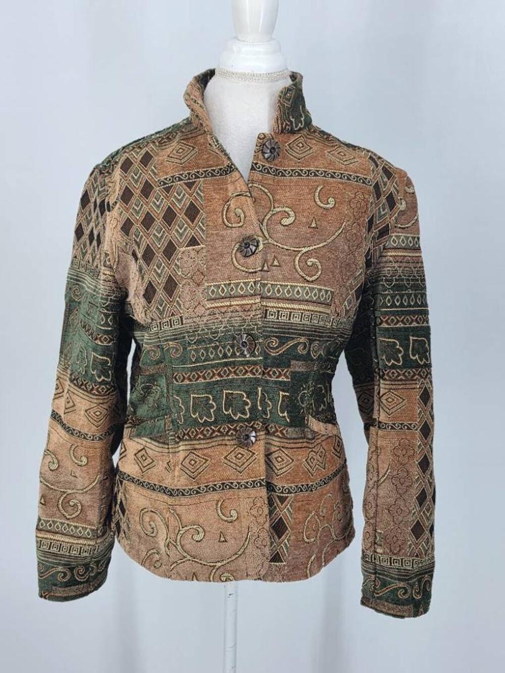 Vintage Flashback Womens L Tapestry Jacket Earthy Chenille Grannycore Boho 90s